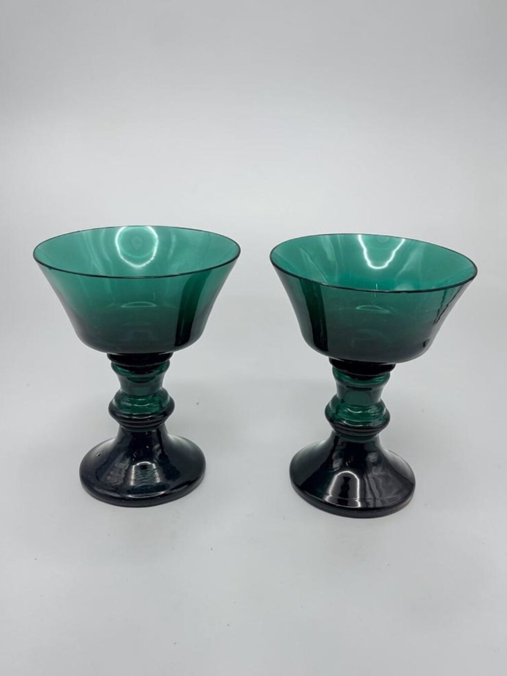 Set of 2 Teal Green Glass Cocktail Goblets Sculpted Stem Retro Barware 5.5"